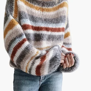 Pull d'hiver décontracté à rayures pour femme, coupe ample, manches longues, style moderne