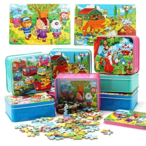 Puzzle en Bois Éducatif pour Enfants – Coffret Métal – Jeux d’Assemblage Animaux, Véhicules et Scènes de la Vie – Mixte 3 Ans+