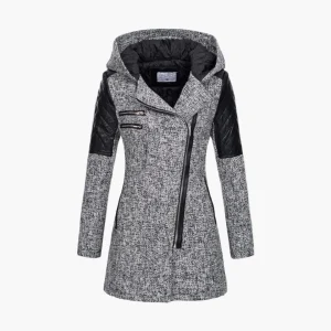 Manteau femme style tweed capuche, élégant et moderne pour l’hiver