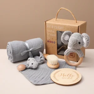 Coffret Cadeau de Naissance Bébé Mixte – Set de Bain et Jouets Éveil Éléphant