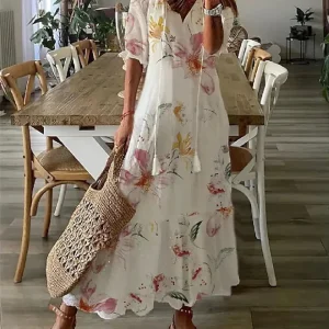 Jennifer – Robe Longue à Manches Moyennes Imprimée