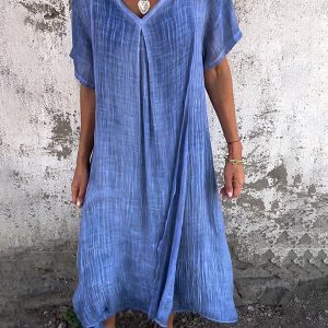 Robe Midi en Coton et à Encolure en V