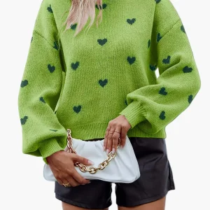 Pull décontracté à motif cœur pour femme, style automne-hiver, col montant tendance