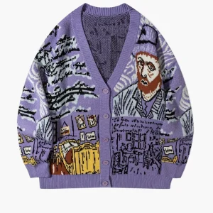 Cardigan décontracté homme style artistique avec motif portrait et paysage