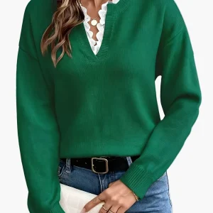 Pull élégant femme col V avec détail dentelle, manches longues, coupe ample, style casual chic pour automne/hiver
