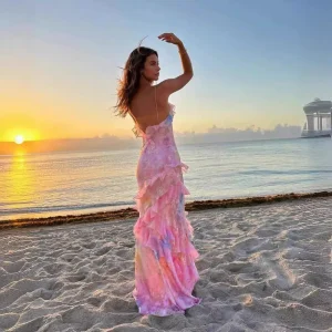 Robe Longue Femme Style Socialite Sexy pour Soirée ou Plage Sans Manches