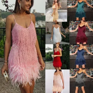 Robe Femme Style Charleston Années 20 à Franges et Plumes pour Soirée et Cocktail