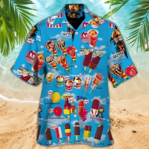 Chemise hawaïenne homme imprimé rétro glaces – style estival original pour loisirs, plage et fêtes