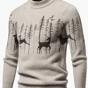 Pull homme style nordique à col rond, motif cerfs et forêt, hiver décontracté