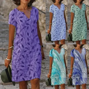 Robe d'été décontractée pour femme style bohème imprimé feuilles et marbré