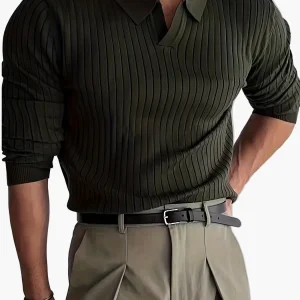 Polo homme élégant à manches longues style casual avec col ouvert – Idéal automne/hiver