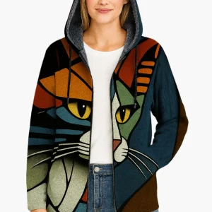 Veste à Capuche Femme Style Artistique Motif Chat Graphique – Mode Décontractée et Originale
