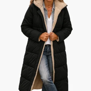 Manteau long d'hiver femme style doudoune réversible à capuche avec doublure peluche, chic et chaud, idéal pour temps froid