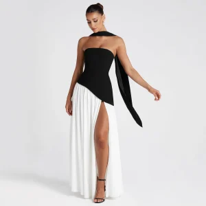 Robe de soirée élégante femme style bustier fluide fendue, idéale événements et cocktails