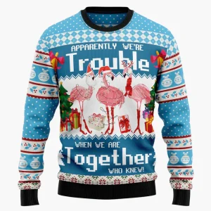 Pull de Noël fantaisie unisexe style "Ugly Christmas Sweater" avec flamants roses et message humoristique