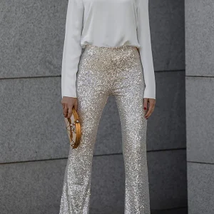 Pantalon Large à Paillettes à Taille Haute et Élastique
