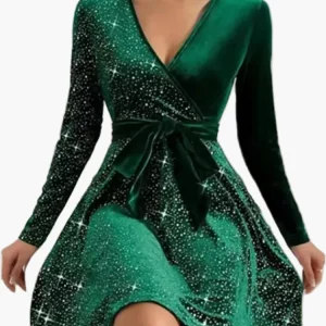 Robe de soirée femme élégante style patineuse à manches longues, effet pailleté, col cache-cœur, parfaite pour fêtes et événements