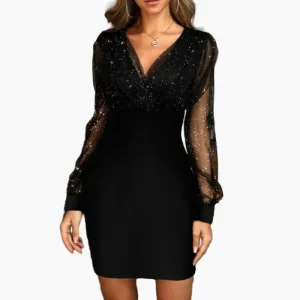 Robe de soirée élégante à manches longues transparentes pour femme - Style chic et glamour, idéale pour les fêtes et occasions spéciales