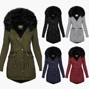 Manteau d’Hiver Femme Élégant à Capuche avec Fourrure – Style Européen Mi-Long pour Temps Froid