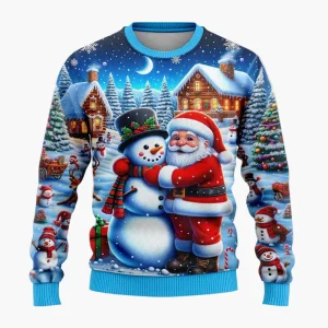 Pull de Noël fantaisie unisexe – Scène festive avec Père Noël et bonhomme de neige, idéal fêtes et cadeaux