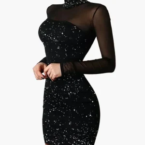 Robe de soirée élégante à col montant et manches longues pour femme, style chic et glamour