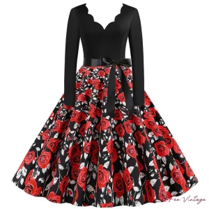 Robe Évasée à Fleurs Rouges à manches longues | Style Pin Up Années 50