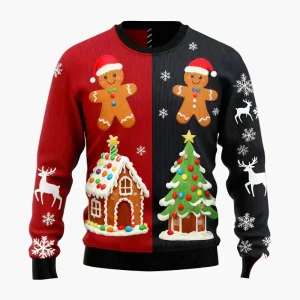 Pull de Noël homme style fun avec motifs pain d'épices et décorations festives pour fêtes