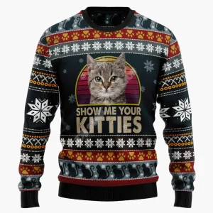 Pull de Noël homme style humoristique chat "Show Me Your Kitties" – Sweat à motif chat et flocons, idéal fêtes et cadeaux