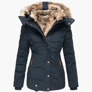 Manteau d'hiver femme à capuche style urbain élégant, coupe cintrée, col fourrure et fermeture zippée