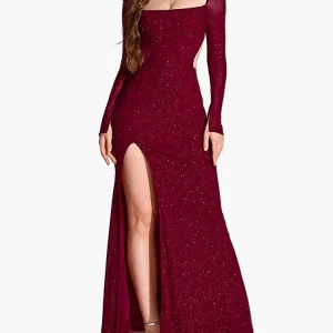 Robe de soirée élégante fendue à manches longues pour femme, style gala et événement