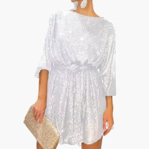 Robe de soirée à paillettes femme coupe ample manches longues – Style chic et glamour pour cocktail, fête ou événement spécial
