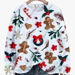 Pull de Noël fantaisie brodé pour femme, style décontracté, idéal pour les fêtes
