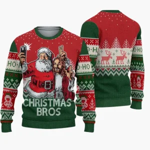 Pull de Noël humoristique homme – Style Ugly Christmas Sweater "Christmas Bros" avec Père Noël et Jésus