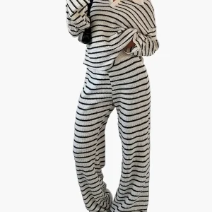Ensemble Femme Élégant Pull Loose à Rayures et Pantalon Large Style Décontracté Automne-Hiver