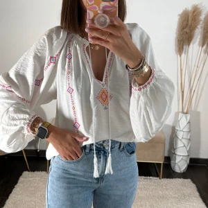 BLOUSE BRODERIE ECRU/ROSE ADIE