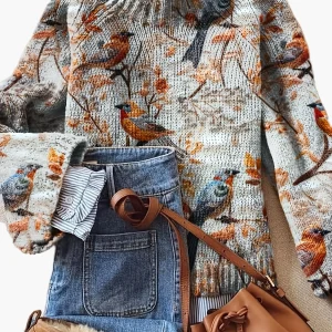 Pull Femme Style Élégant Imprimé Oiseaux Col Montant pour Automne Hiver