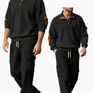 Ensemble de survêtement décontracté pour homme, style automne/hiver, col à boutons et pantalon cargo