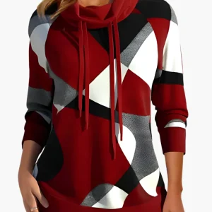 Sweat-shirt à col drapé style colorblock pour femme – Mode décontractée et moderne