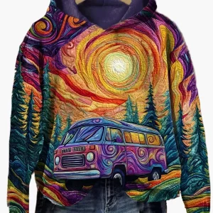 Sweat à Capuche Unisexe Style Art Psychédélique Van Vintage – Mode Décontractée et Originale